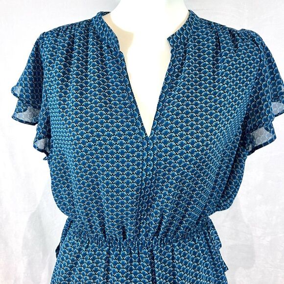 H&M deep turquoise blue patterned flutter sleeve tie sides dress size large - Picture 2 of 7
